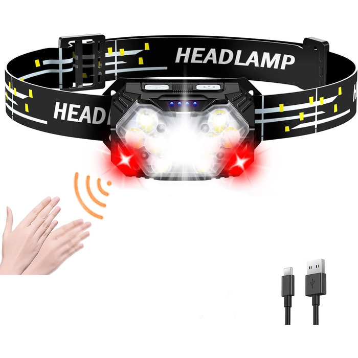 LED налобний ліхтар з акумулятором 5000 люмен, 9 LED, з червоним світлом та датчиком руху, 7 режимів, IPX6 водонепроникний, для нічного катання, кемпінгу та ремонту
