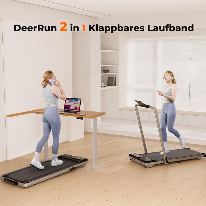 Біговий тренажер DeerRun для дому з робочим столом, сумісний з високотехнологічними пристроями, максимальне навантаження 136 кг, керування через додаток, складаний, з тренувальними курсами та мультиплеєрним режимом, білий (сріблястий)
