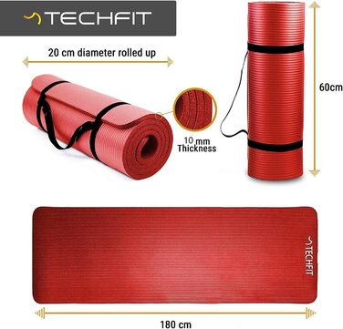 Йога мат TechFit: неслизька, товста (10 мм), для фітнесу, пілатесу, кемпінгу, аеробіки (червона)