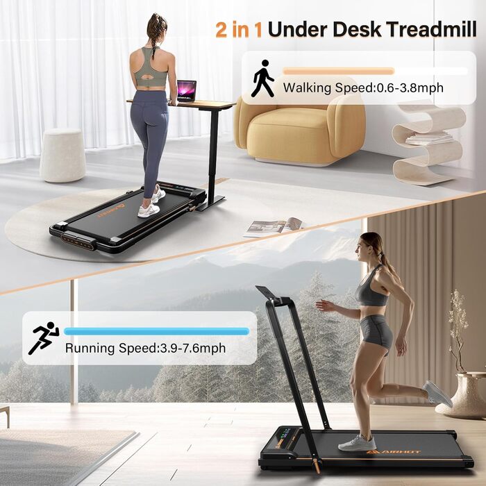 Доріжка для ходьби Walking Pad 2.5 к.с., тиха, з пультом та LED-дисплеєм, компактна бігова доріжка для дому та офісу, чорна з поручнем