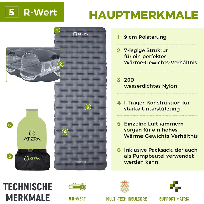 ATEPA ThermAir Ultraleichte Isomatte: Каремат для кемпінгу та хайкінгу, 6 R-value, 9 см, 183x64 см (Сірий)