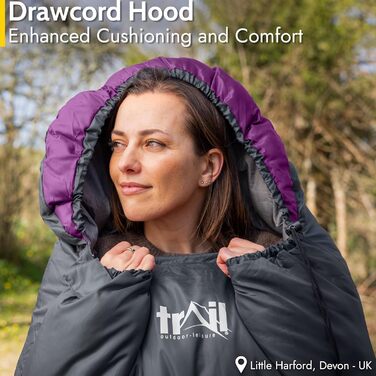 Спальний мішок Trail-Alpin з капюшоном – 250 г, 3-сезонний. Легкий, компактний – з капюшоном та компресійним мішком (Червоний, Ліловий)