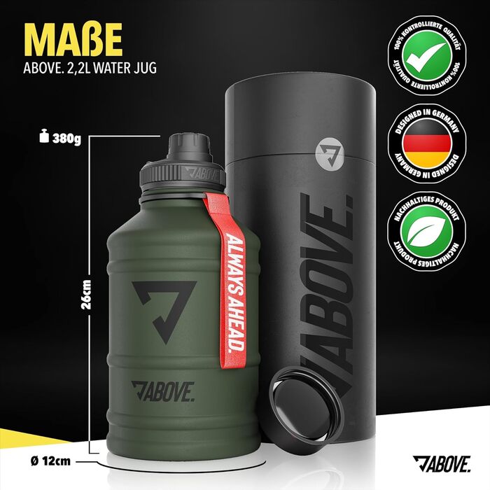 Сталева термопляшка ABOVE 2.2 л – BPA-free, без витоку, міцна, з додатковим клапаном для спорту, фітнесу та відпочинку на природі. Якісна подарункова коробка, оливковий колір, 2200 мл
