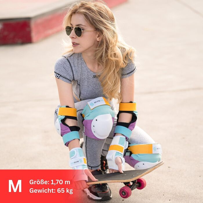 Захисний комплект SKATEWIZ для дорослих і підлітків, 6 предметів, неопренові рукави, для роликів, німецький виробник, наколінники з функцією Locked-In, розмір L, для міцної статури, лаванда/синій/жовтий