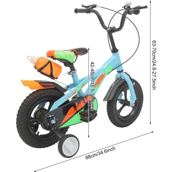 Дитячий велосипед 12 дюймів з підставками та пляшкою для води, регульований по висоті, для дітей 2-5 років (синій)