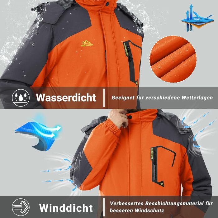 Чоловіча зимова куртка KEFITEVD: водонепроникна, з відстібаною капюшоном, для сноуборду та активного відпочинку, XXL, сіро-помаранчевий