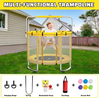 Дитячий батут з сіткою безпеки, регульованою поперечною перекладиною та гойдалкою, для хлопчиків та дівчаток 3-8 років (жовтий)