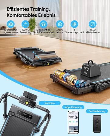 Складне бігове полотно 6-в-1 для дому, складане з регульованим столом, потужність 3.0HP, нахил до 12%, швидкість 12 км/год, Walking Pad з телескопічним підйомником 15 см та RGB-підсвіткою, максимальне навантаження 150 кг, чорно-блакитний колір