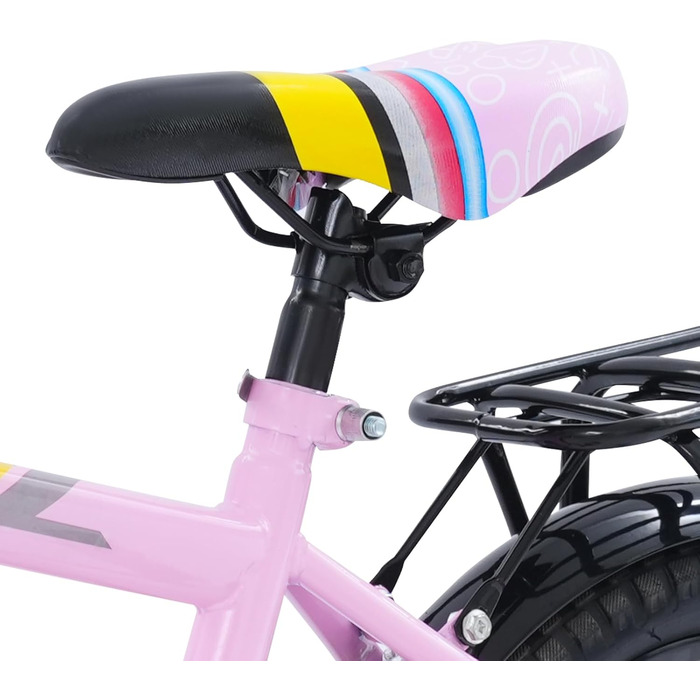 Дитячий велосипед 14 дюймів для хлопчиків та дівчаток з додатковими колесами, кошиком та заднім сидінням, регульована висота, сталевий велосипед для дітей 3-6 років, рожевий