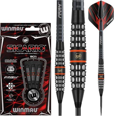 Дротики WINMAU Sicario 25 г, професійні, вольфрамові, з металевим вістрям, набір з оперенням і хвостовиками