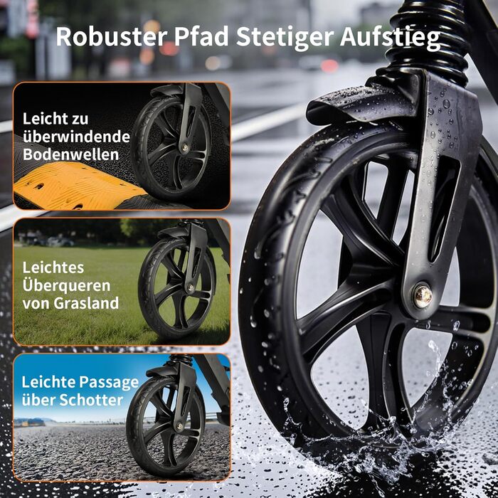 Роликовий самокат Uluck Roller Erwachsene для дорослих та підлітків, 200 мм, дискові гальма, складаний, з ременем та подвійною амортизацією (Чорний)