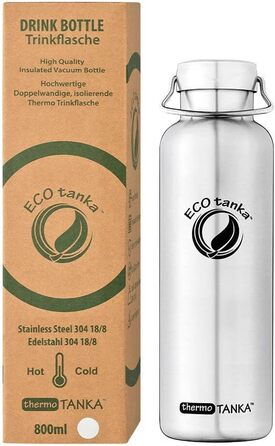 Термос-пляшка ECOtanka 0,8 л з нержавіючої сталі, вакуумна, для гарячих і холодних напоїв, подвійні стінки, тримає тепло/холод понад 8 годин, ідеально для чаю, кави, спорту та відпочинку