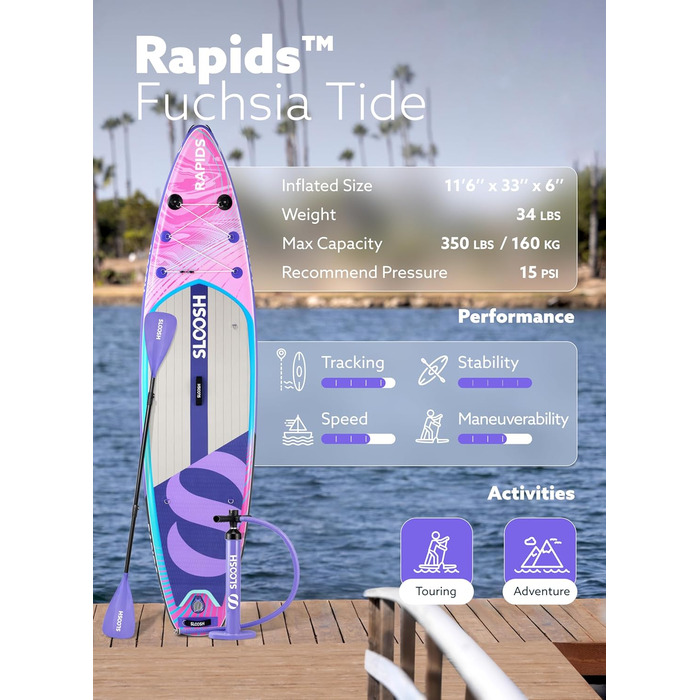Надувна SUP-дошка SLOOSH 11'6'' з преміум аксесуарами, нековзким EVA покриттям, ультралегкою сумкою та насосом, для підлітків і дорослих, колір фуксія