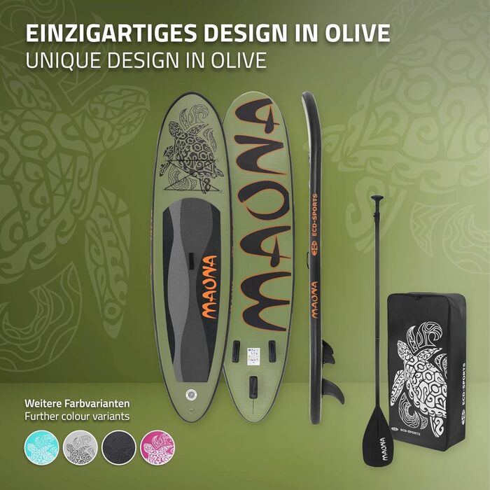 Надувний SUP Борд ECD Germany: SUP Борд Stand Up Paddle Board для Каякінгу, Розміри 305/308/320/380 см, до 120/150 кг, Товщина 10/15 см, Комплект з Рюкзаком та Сидінням для Каяка, Olive