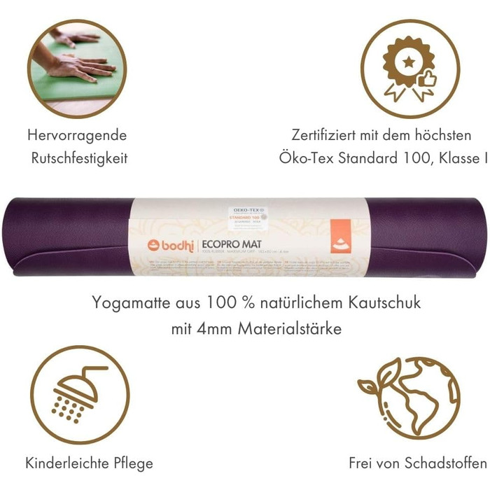 Професійний йога-мат Bodhi ECO PRO з натурального каучуку, екологічний, антислізький, для йоги та пілатесу, 185×60×0,4 см, фіолетовий