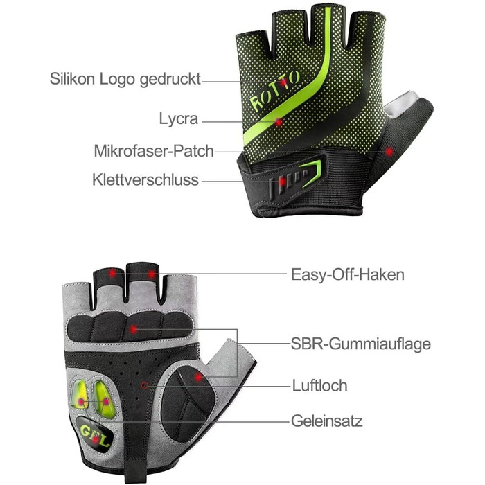 Велосипедні рукавички ROTTO MTB для чоловіків та жінок з гелевою та SBR-подушкою, напівпальцеві, чорно-зелені, XXL