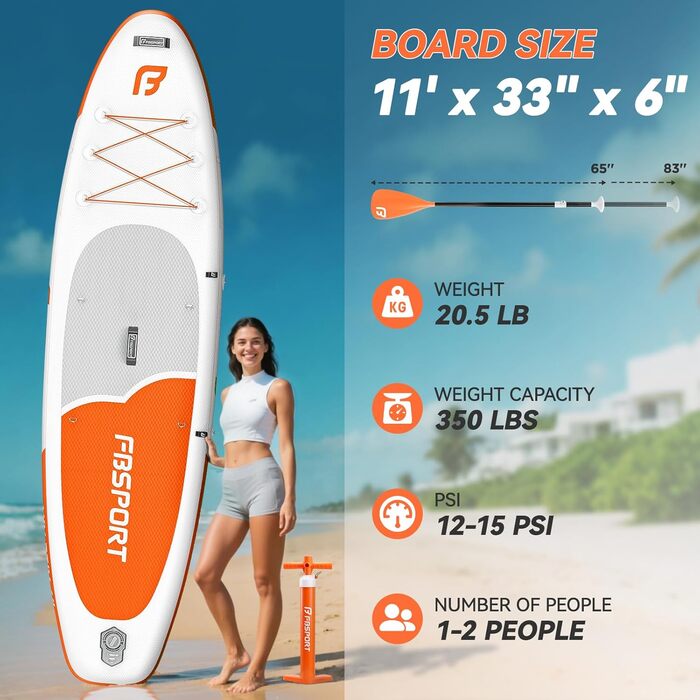 FBSPORT SUP дошка Stand Up Paddle 335 см для дорослих, надувна, з антиковзким покриттям, 160 кг, комплект з насосом та аксесуарами для йоги, подорожей, серфінгу, помаранчевий