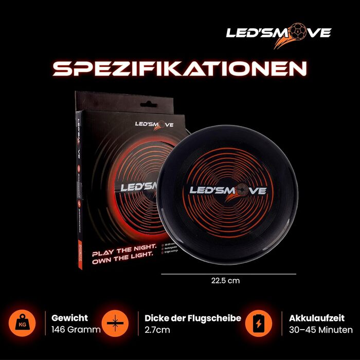LED Фрісбі літаюча диско 38 LED, 12 режимів, USB-C, водонепроникне, чорний 22.5 см