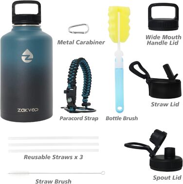 Термос-пляшка 2L з нержавіючої сталі з трубочками та 3 кришками, термос-пляшка з паракордом, термокана 2 літри з щіткою для миття, для фітнесу (Синій+Чорний)