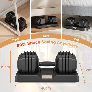 Набір гантелей регульовані, 11 кг/24.5 кг, 2 шт. з неслизьким грифом, швидке регулювання ваги, чорний колір