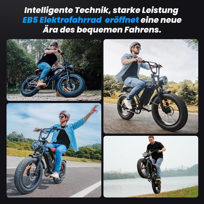 Електровелосипед Finbike з універсальними 20x4.0 дюймовими широкими шинами, знімним акумулятором 10.4Ah, 4 режимами їзди, запасом ходу до 100 км, для чоловіків і жінок