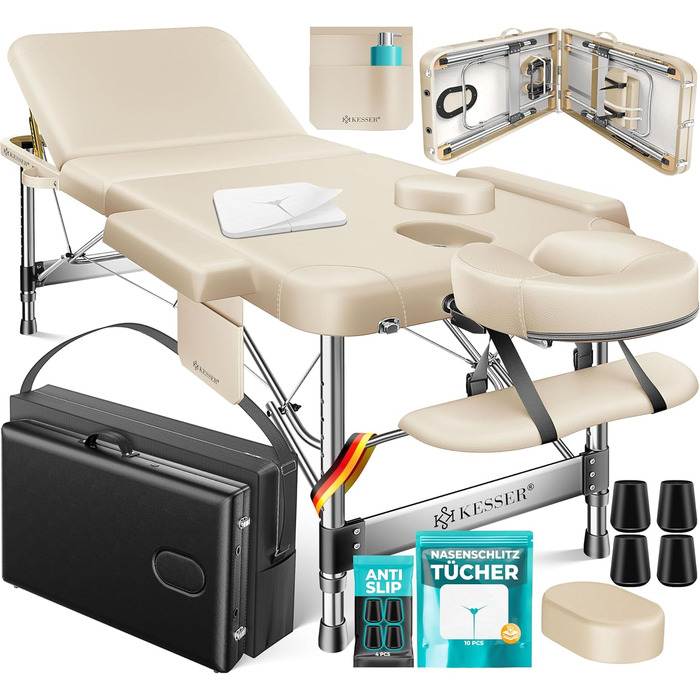 Масажне ліжко KESSER® з 3 зонами, до 250 кг, складне, регульоване, з аксесуарами (підголовник, підлокітники, сумка), антиковзне покриття, бежеве