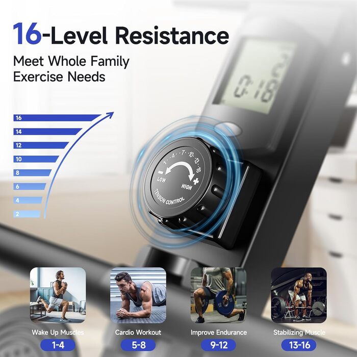 Магнітний тренажер для ходьби та греблі YPOO для дому, складаний з 16 рівнями навантаження, подвійною рейкою, LCD-дисплеєм та підтримкою додатка, чорний