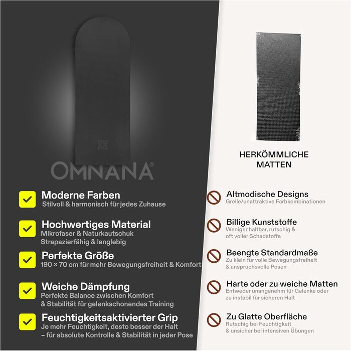 Килимок для йоги та пілатесу OMNANA MYTHOS BLACK 190x70 см, мікрофібра та натуральний каучук, нековзкий, вологопоглинаючий, 4 мм, для фітнесу та гімнастики