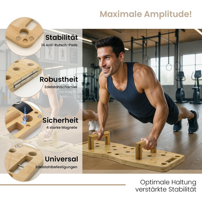 Дошка для віджимань Amplitude Pro з бамбука - преміум якість, 81 см | Складана, стабільна + гумки + інструкція 30 в 1