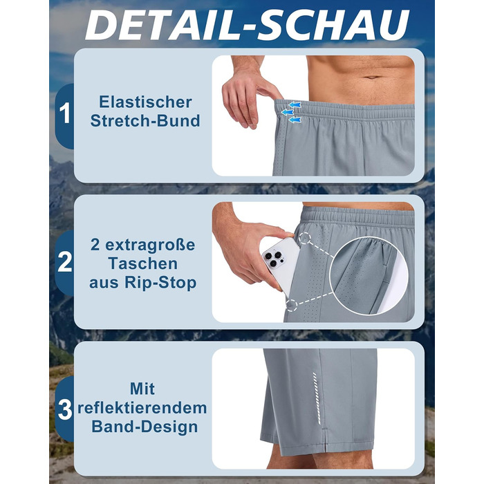 Шорти спортивні чоловічі літні швидкодрібні, для тренувань та занять у залі, з кишенями, дихаючі, комплект 3 шт. (чорний, світло-сірий, морський блакитний), розмір M