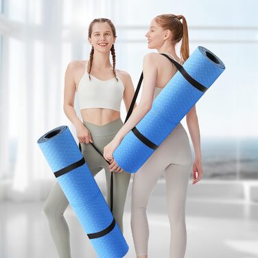 Килимок для йоги з натурального каучуку та TPE, протиковзкий, з розміткою, унікальний дизайн, з ремінєм, екологічний, для подорожей, пілатесу, йоги, фітнесу, синій, 6 мм