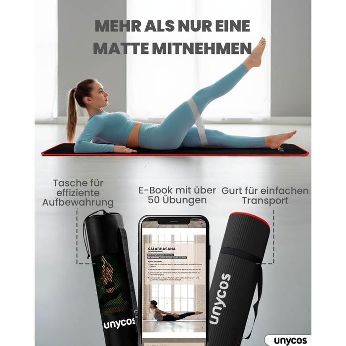 Килимок для йоги Unycos з неслизькою поверхнею | Висока щільність 6/10/15 мм, фітнес-килимок для гімнастики з ременем для перенесення【включено E-Book】Шкірно-дружній килимок для пілатесу, тренувань, спортзалу (#17 Чорний + Червоний, 183*66*1 см)