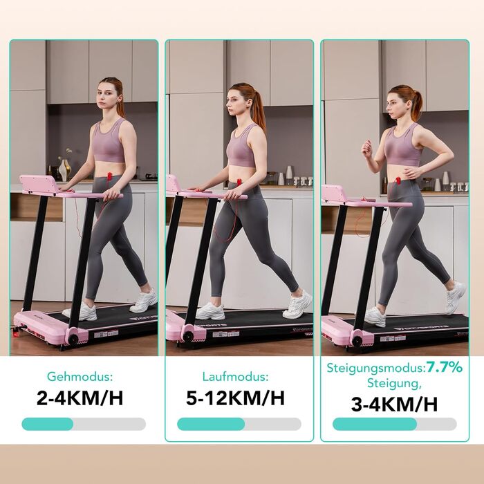 CITYSPORTS Електричний біговий тренажер, складаний, до 12 км/год, LED-дисплей, APP, тримач для планшета 360°, рожевий