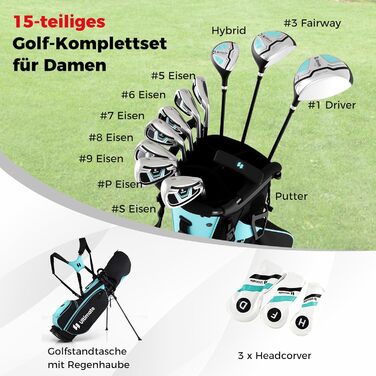 GYMAX Комплект жіночих гольф-клубів, 13-ти частинний набір з сумкою-стійкою та дощовим захистом, включає драйвер 460CC, 3 фейрвеї, гібрид, залізо 5/6/7/8/9/P/S (зелений)