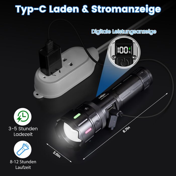 LED ліхтар Lekia 500000 Люмен, перезаряджуваний USB-C, 5 режимів, Zoom, водонепроникний, 5000mAh, для кемпінгу та надзвичайних ситуацій