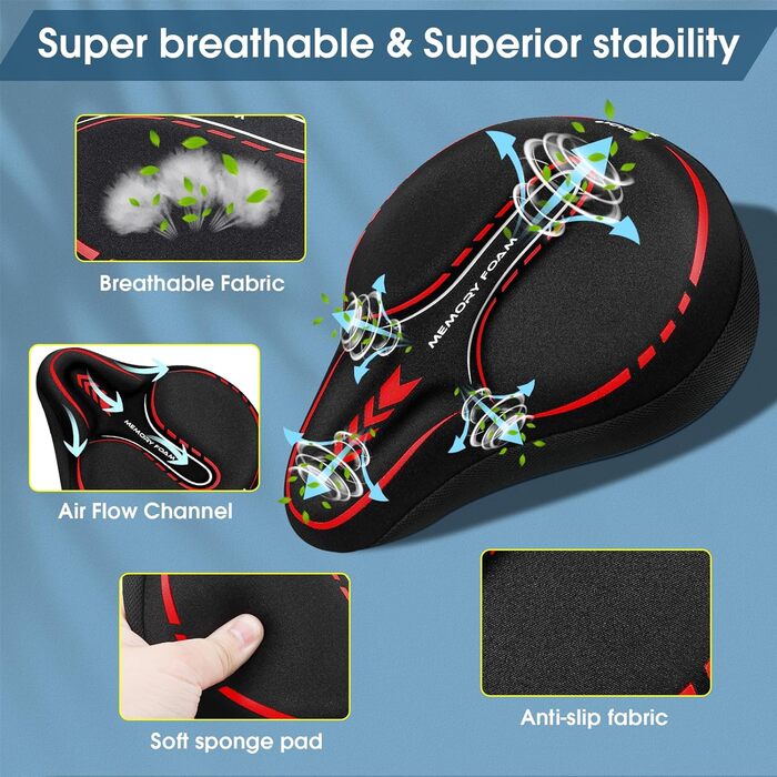 Покриття на сидіння велосипедного сидіння MSDADA з гелевим наповнювачем, Extra Soft Foam, широке, з пам'яті ефекту, для MTB, велотренажера, Peloton, зручне сидіння для жінок, чоловіків, літніх людей (Чорний/Червоний)