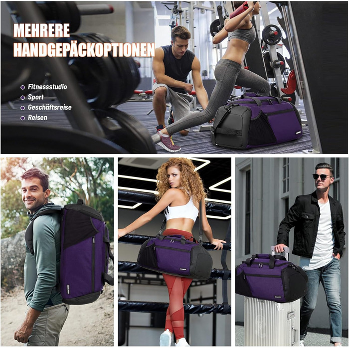 Спортивна сумка чоловіча 40L, рюкзак-трансформер з відділенням для взуття та мокрих речей, водонепроникна, для тренувань, подорожей, універсальна (фіолетовий)