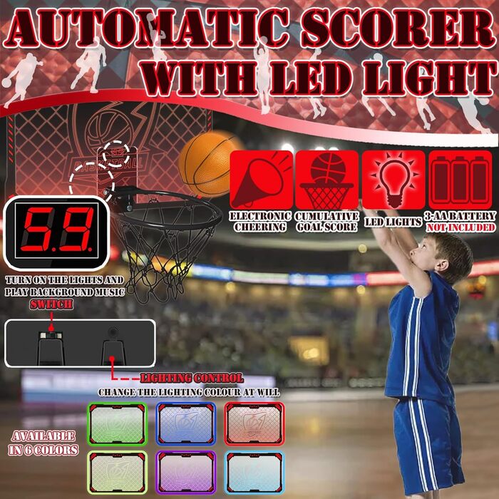 Дитячий баскетбольний кошик STAY GENT Mini з LED-підсвіткою, автоматичним лічильником, 4 м’ячами, для кімнати, дверей, офісу та дому
