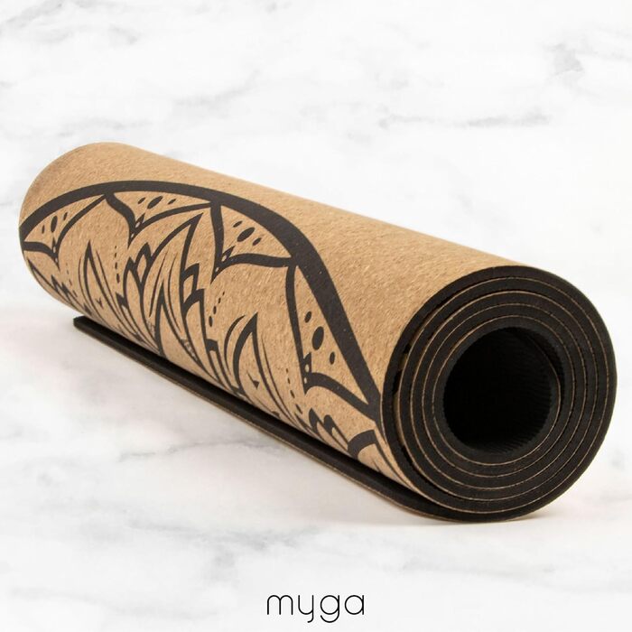 Йога мат Myga XL Kork: 200x70 см, 6 мм, з натуральної кори, протиковзаюча, для йоги, пілатесу, медитації та фітнесу. Малюнок мандала