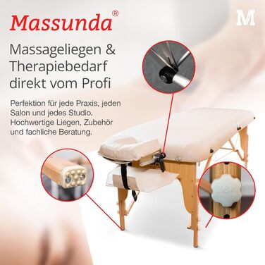 Масажний стіл MASSUNDA Mobile Comfort Deluxe, складаний, регульований по висоті, екстра широкий, з натурального дерева, з ергономічним підголівником, підлокітниками, подушкою, чохлом, кремовий