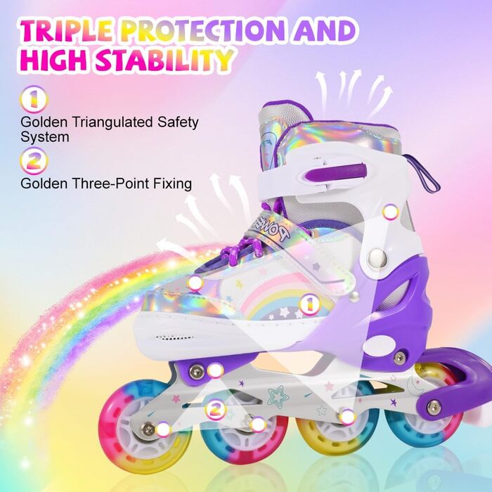 Регульовані роликові ковзани для дітей, дівчаток, початківців. Ролики для дітей та підлітків, кольори: фіолетовий, райдуга.