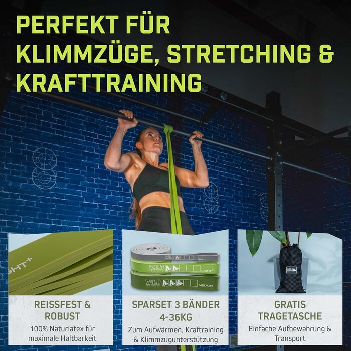 Стрічки опору для тренувань/фітнесу: набір для кроссфіту, розтяжки та підтягувань (3 шт. (LIGHT, LIGHT+, MEDIUM)) + сумка + додаток для тренувань