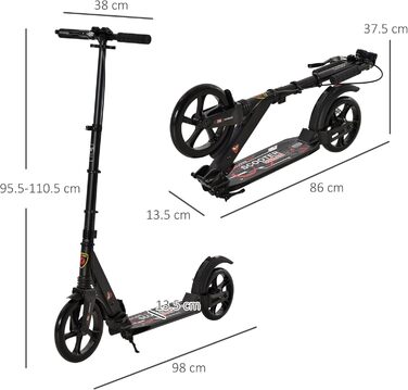 HOMCOM Скутер кикборд складаний, чорний, для підлітків та дорослих, до 100 кг, з двома гальмами та подвійною підвіскою