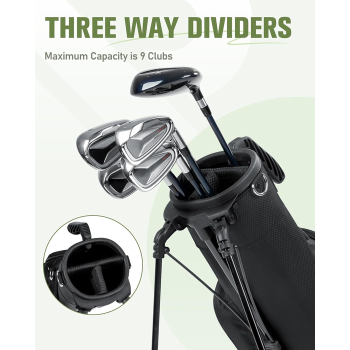 Сумка для гольфу на штативі, легка, для 9 ключок, з роздільниками, водонепроникна, з кишенькою-холодильником, ергономічний плечовий ремінь, велика кишеня, унісекс, чорна A1