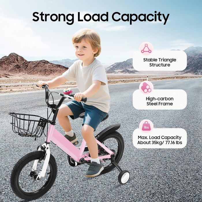Дитячий велосипед 14 дюймів, регульована висота, рожевий велосипед для дівчаток 3-5 років. З додатковими колесами та кошиком. Ідеальний для навчання та катання на вулиці.