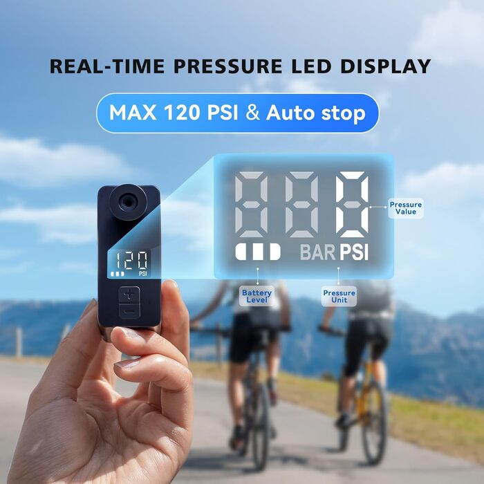 Електричний насос для велосипедів AIRBANK Pocket PRO, 120 PSI, портативний, міні-насос з акумулятором, для ніпелів Schrader і Presta