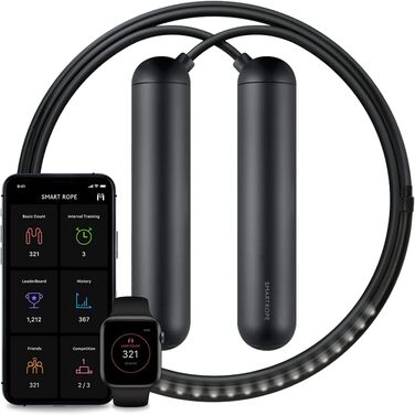 Розумна скакалка TANGRAM Factory Smart Rope – ED з вбудованою пружиною – переглядайте показники фітнесу в повітрі (Чорний, M)