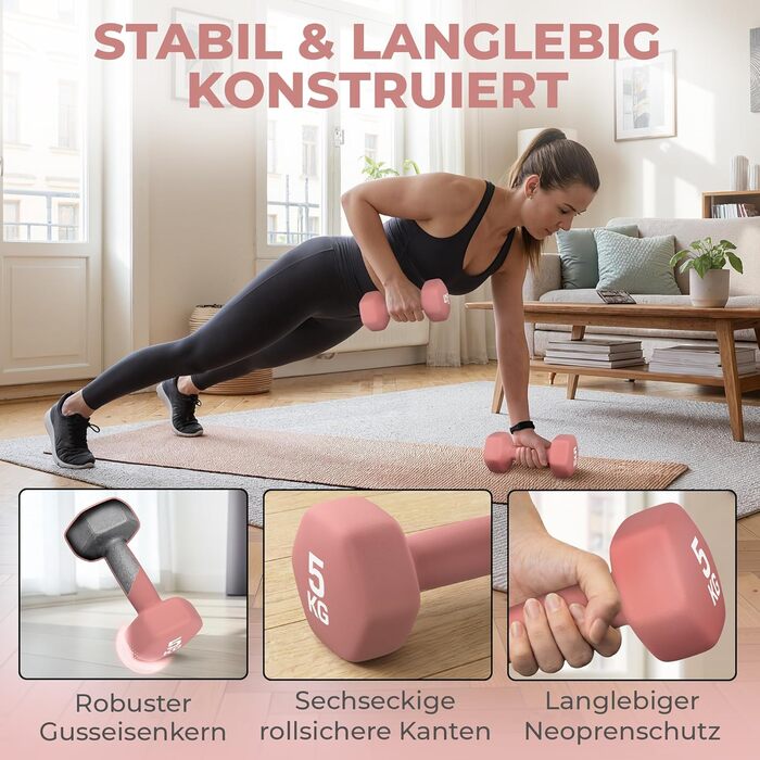 Набір гантелей HQ Germany® 2x5 кг, рожевий, для фітнесу та Pilates, Home Gym, без запаху