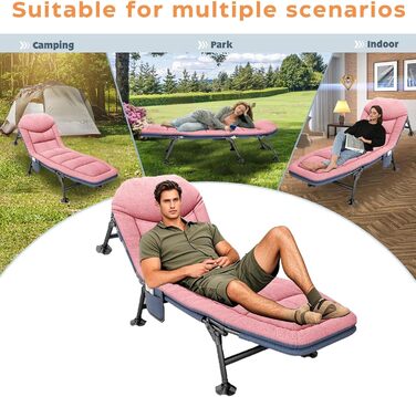 Кемпінгове ліжко AlpineAura: широке, складане, 190x65x30 см, 6 положень, для відпочинку на природі, пляжі, саду (рожеве)