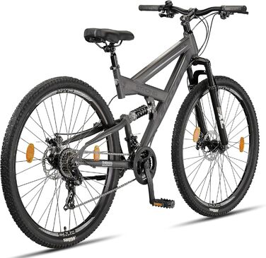Гірський велосипед Licorne Bike Strong 2D Premium 29 дюймів, дискові гальма, 21 швидкість, повна амортизація, антрацит, для хлопців, дівчат, жінок і чоловіків